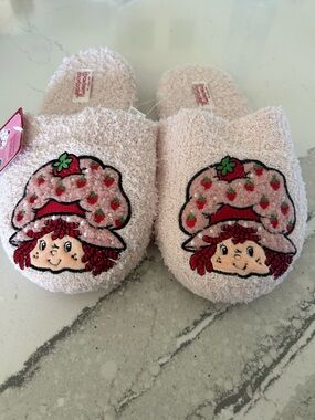 Pink Strawberry Character Plush Women's Slip-On Slippers